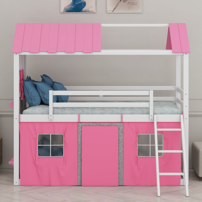 Bunk Wood House Bed With Elegant Windows, Pink/White