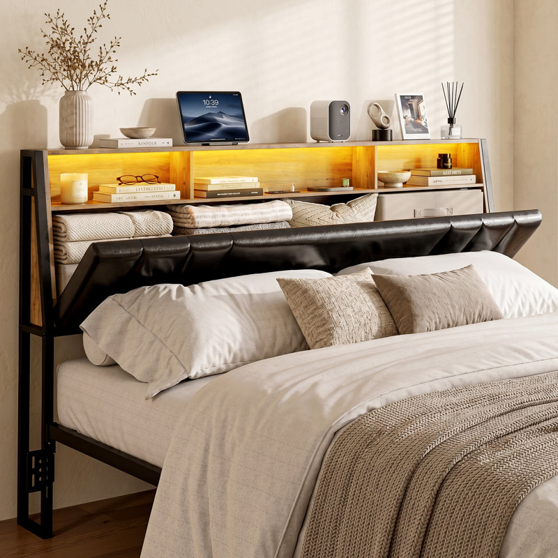 Hidden Storage Headboard California King Size With Charging Station, Ergonomic Upholstered Cal King Headboard Only With Led Lights, 2 Usb Ports & 2 Outlets, Easy Assembly, Black