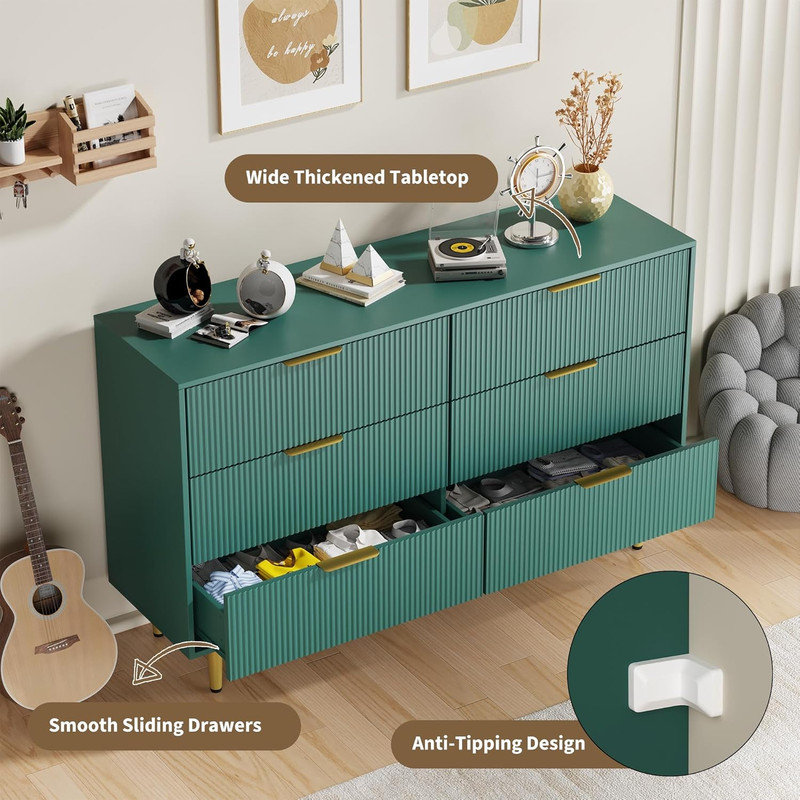 Commode cannelée de 28/30/56 po de largeur avec 3/5/6 tiroirs, commode en bois avec poignée et pieds en métal pour la chambre à coucher