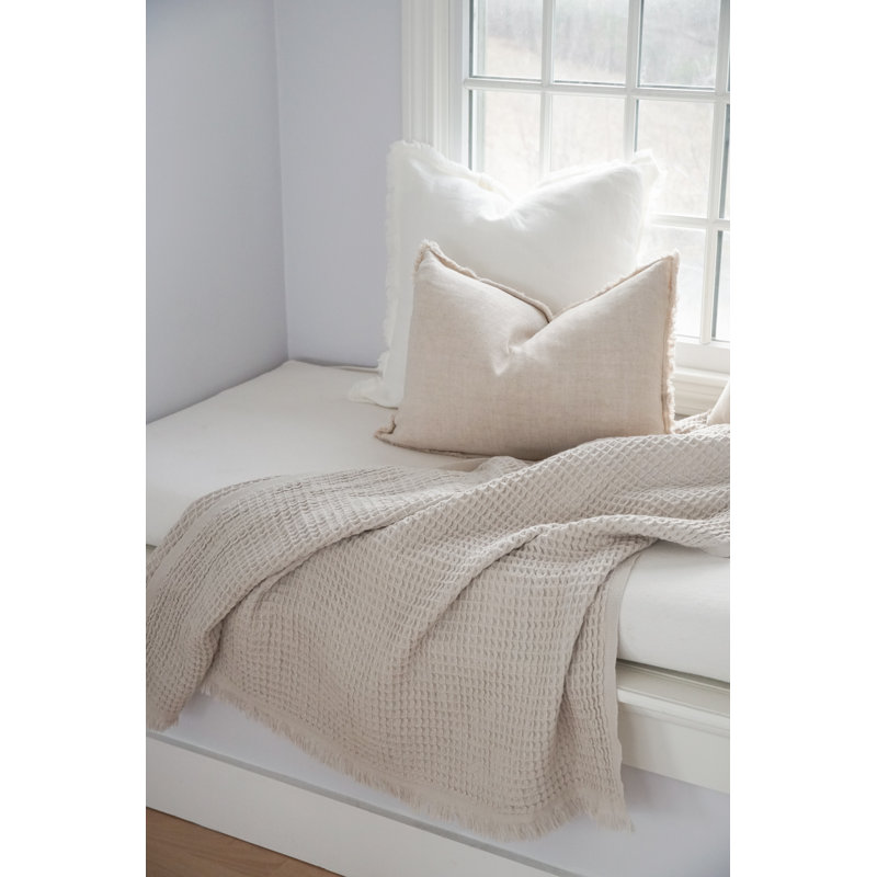Beige Cotton Waffle Throw Blanket with Fringe