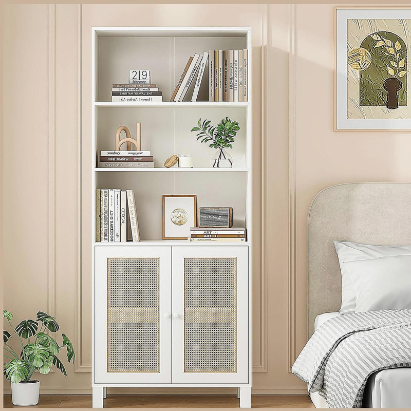 Tall Bookcase with Rattan Doors, 5 Tier Storage Wood Shelves Large Bookshelf, Pantry Cabinet Storage Cabinet for Kitchen, Living Room, Entryway