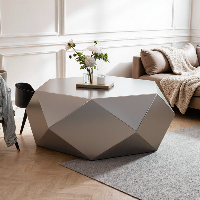 Table basse moderne en acier inoxydable de 39 po, table de bout hexagonale à motif géométrique à losanges, aucun assemblage requis, table centrale contemporaine en métal pour le salon, la chambre à coucher et le bureau