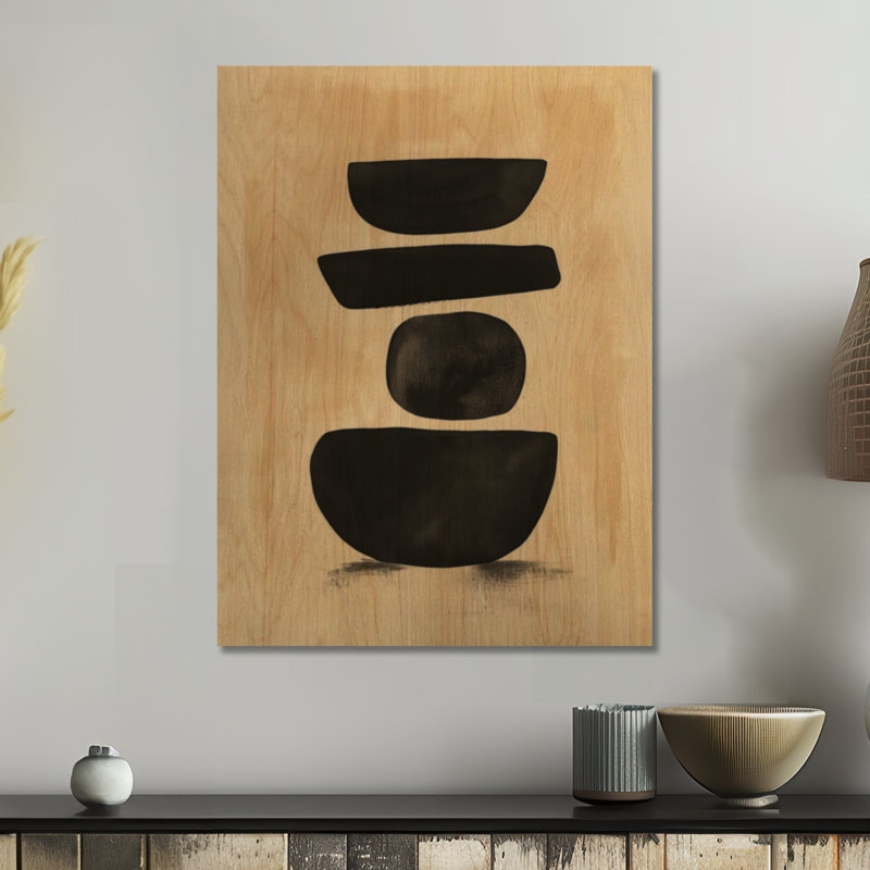 Formes noires équilibrées II - Impression d'art mural en bois aux formes organiques, H 24 po x l 18 po, Rectangle