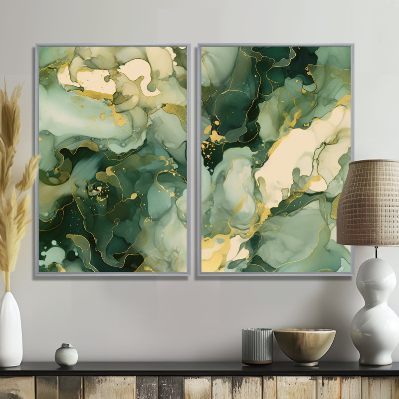«Green Luxury Abstract Fluid Art I», art mural vert, H 36 po x l 48 po, Impression encadrée flottante sans passe-partout