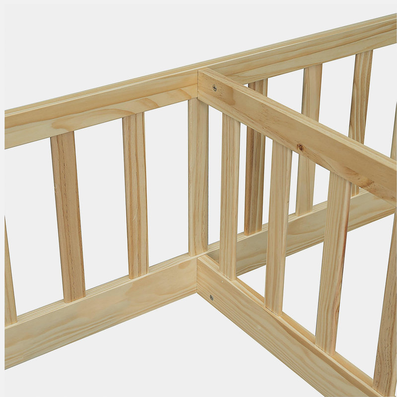 Double Twin Floor Bed with Fence, Guardrails, without door, Natural, Natural