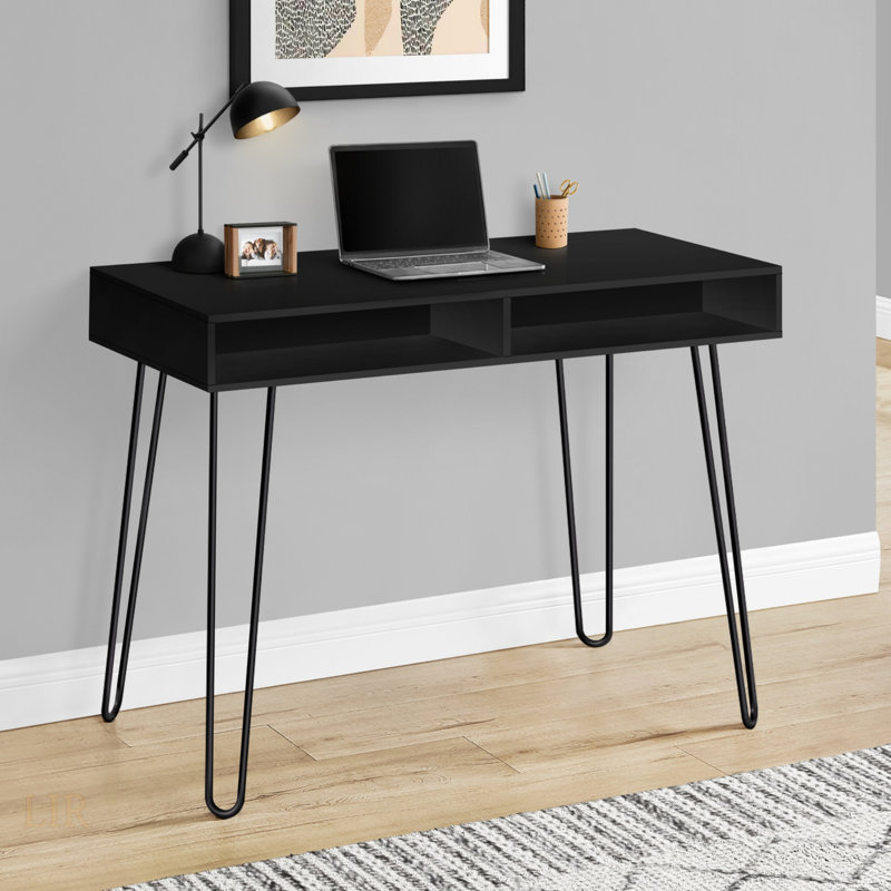 Bureau d'ordinateur contemporain en stratifié noir avec rangement et pieds en épingle à cheveux en métal pour le bureau à domicile