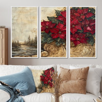 Fleurs de poinsettias rouges dans la forêt II - ensemble de 3 poinsettias