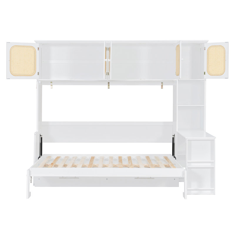Lit escamotable double avec bureau et armoires en rotin, lit mural peu encombrant pour le bureau personnel, blanc chaud