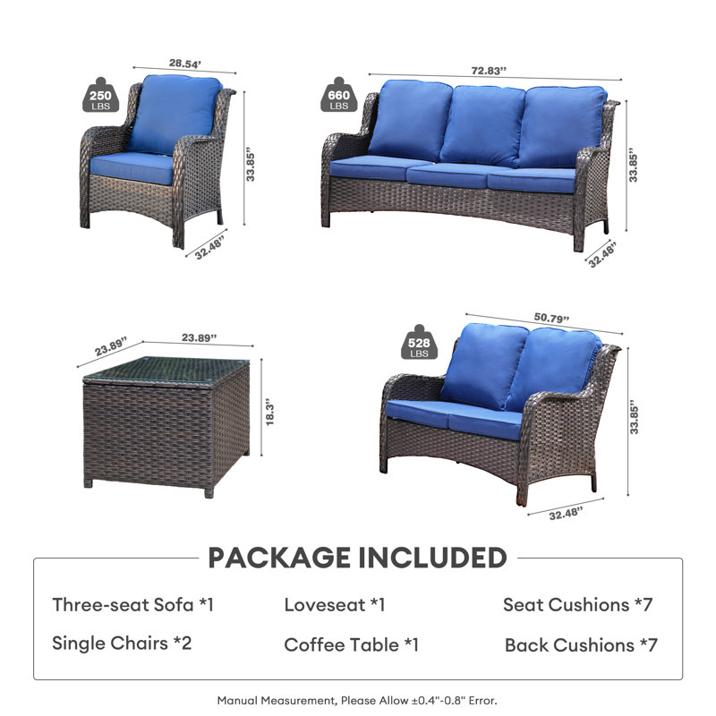 7 - Person Outdoor Seating Group With Cushions, Brown, Navy Blue