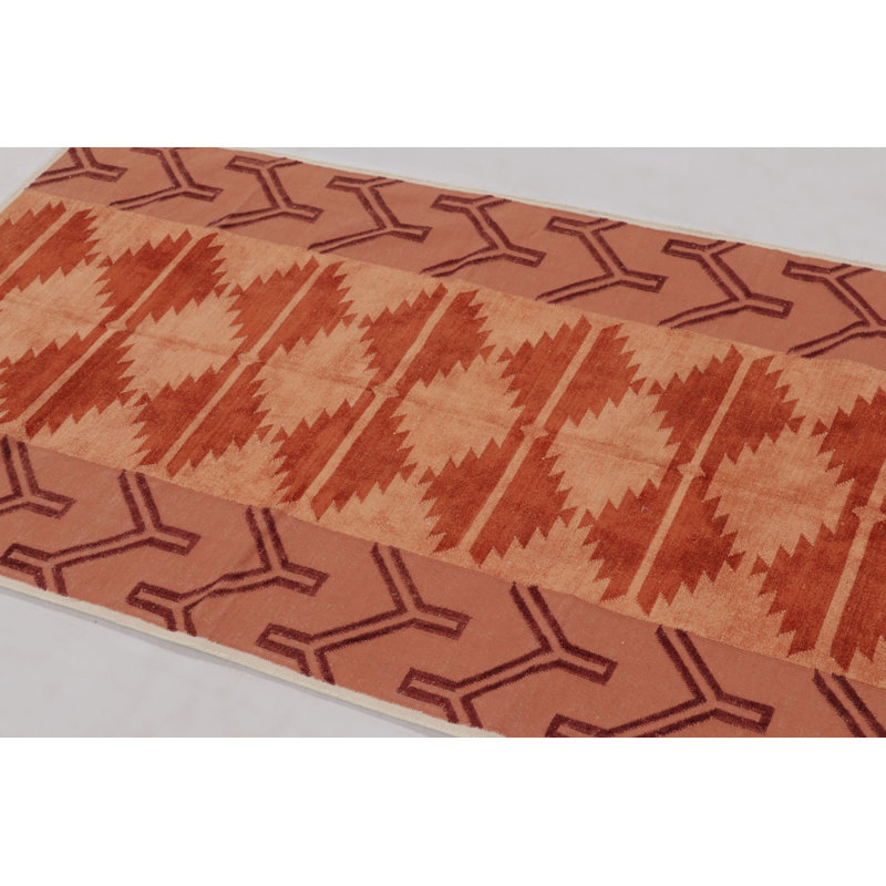 Kilim & Flat Weave Cotton Geometric Area Rug in Red, Orange