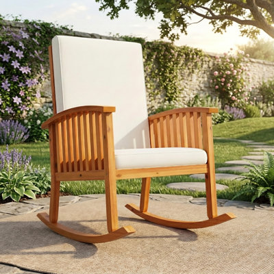 Chaise berçante d'extérieur en bois d'acacia avec coussins, chaise berçante de patio rustique pour le porche et la cour