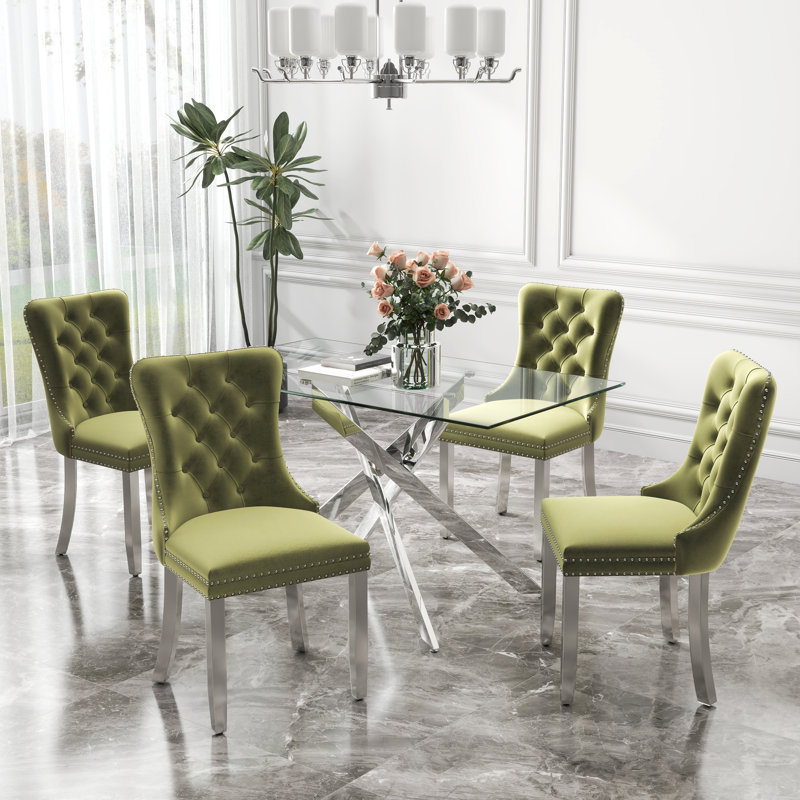 Ensemble de table de salle à manger rectangulaire en verre trempé, table de salle à manger de luxe avec chaise de salle à manger en velours capitonné