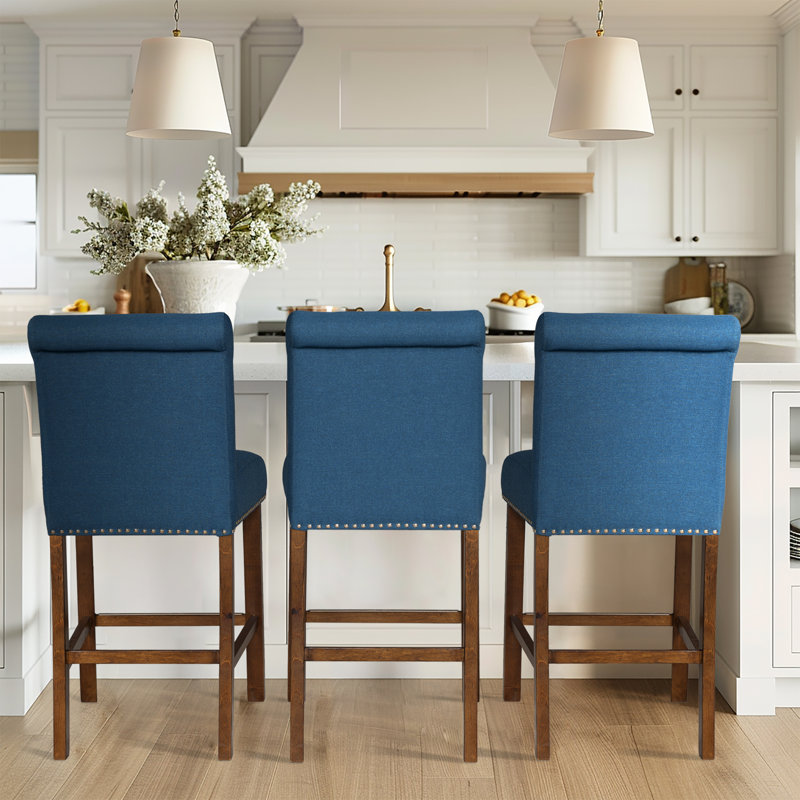 Aubrey Blue Upholstered Wood Counter Stools with Nailhead Trim