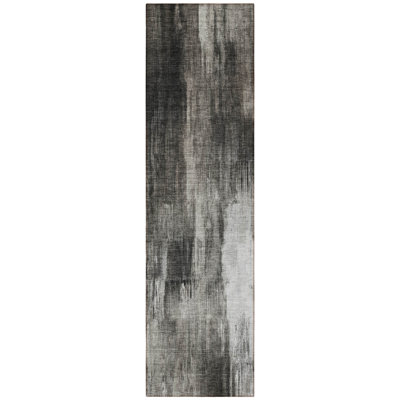 8' Runner Gray and Black Abstract Washable Non Skid Indoor Outdoor Runner Rug