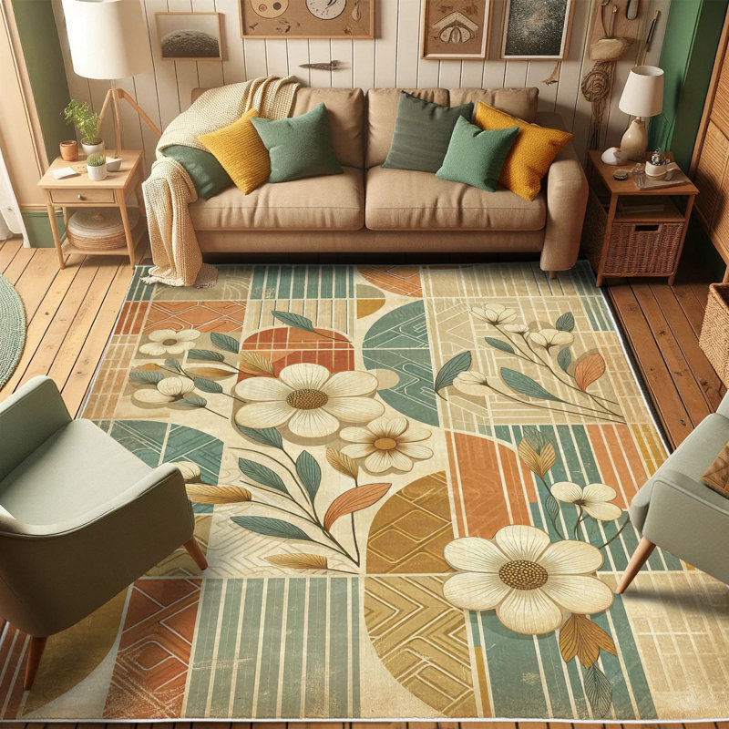 Pale Teal and Salmon Floral Synthetic Area Rug 2'5" x 5'