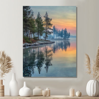 Sunset At Dawn Lake Summer Mist - Sunset Wall Decor, Orange Landscape Framed Wall Art