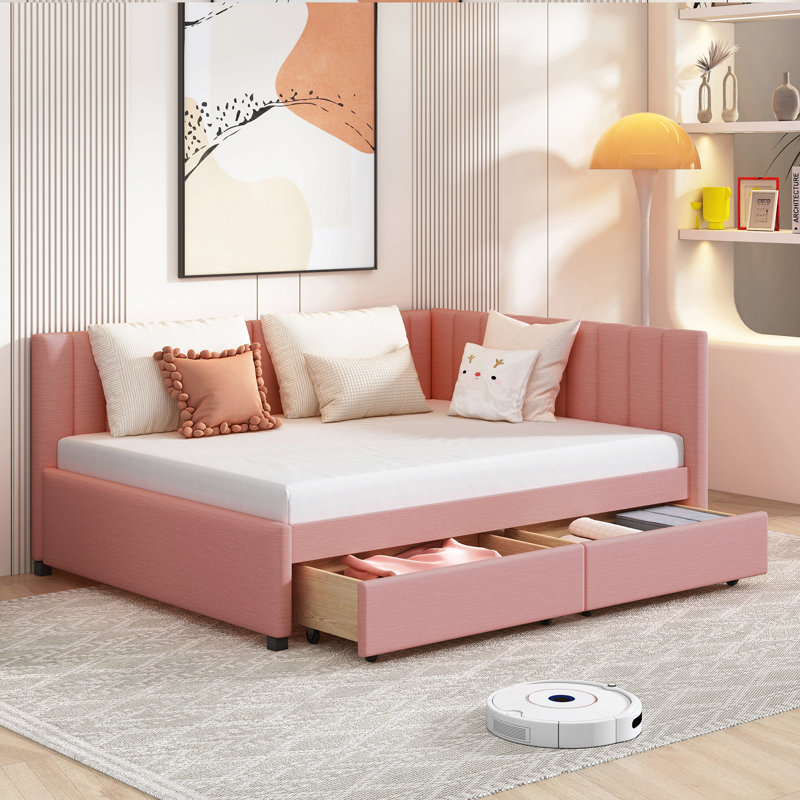 Upholstered Daybed With 2 Storage Drawers, Pink,   Twin