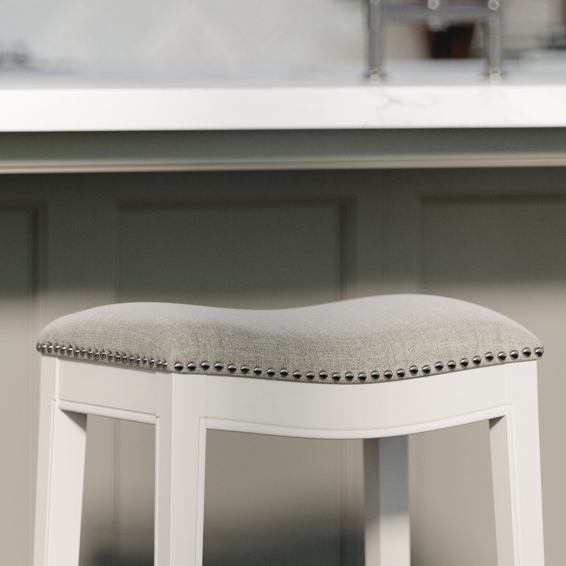McGreevy Saddle-Seat Backless Wood Bar & Counter Stool, Gray Seat/ Farmhouse Whitewash Frame, Counter Stool (26" Seat Height)