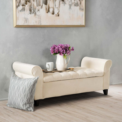 Banc de rangement en tissu ivoire avec accoudoirs roulés, siège d'une largeur de 38 po, pieds noirs, conception en tissu à boutons, mobilier d'entrée de salon, de chambre à coucher