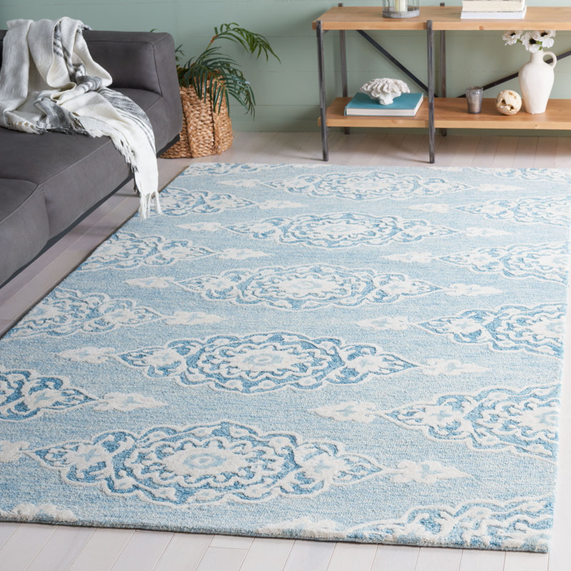 Ebony Hand Tufted Wool/Cotton Southwestern Rug in Ivory/Light Blue, Rectangle 5' x 8'