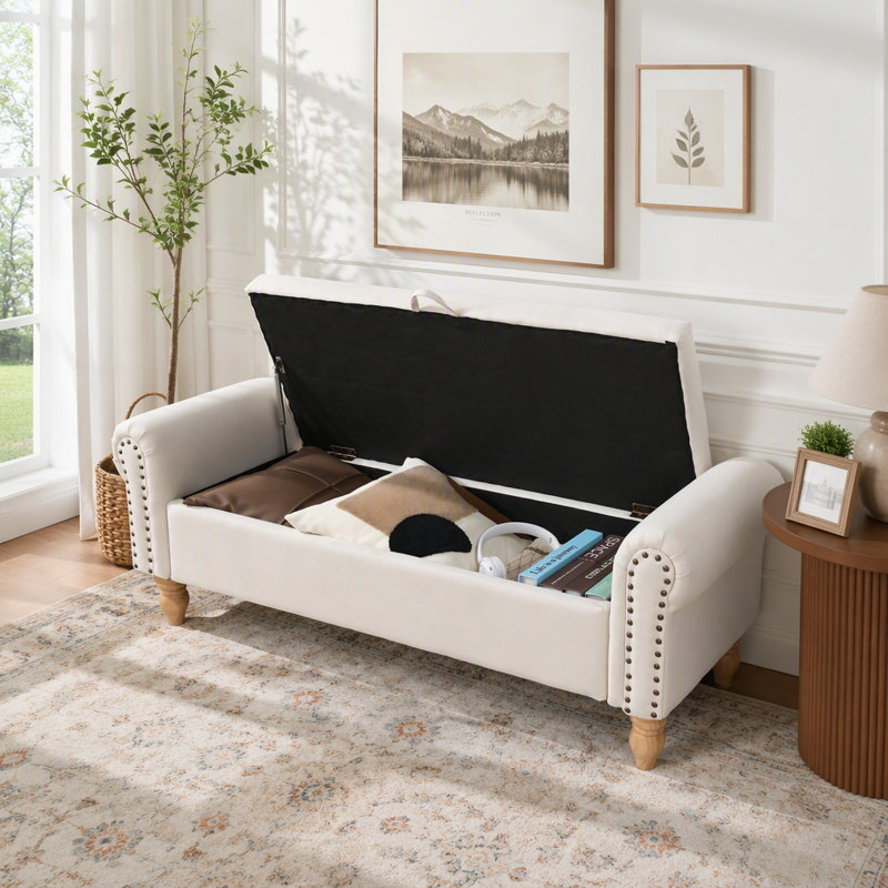 Storage Ottoman Bench with Arms and Solid Wood Legs