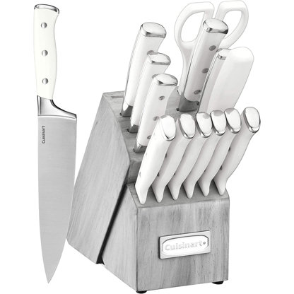 White and Gold Knife Set with Ashwood Self-Sharpening Block