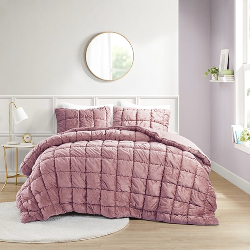 Édredon simple en rose, housse en velours avec doublure en microfibre, bourre en duvet synthétique, surpiqûres 3D, boîte, lavable à la machine 2 pièces, envers, rembourrage, couture, superbe et chaud, rose
