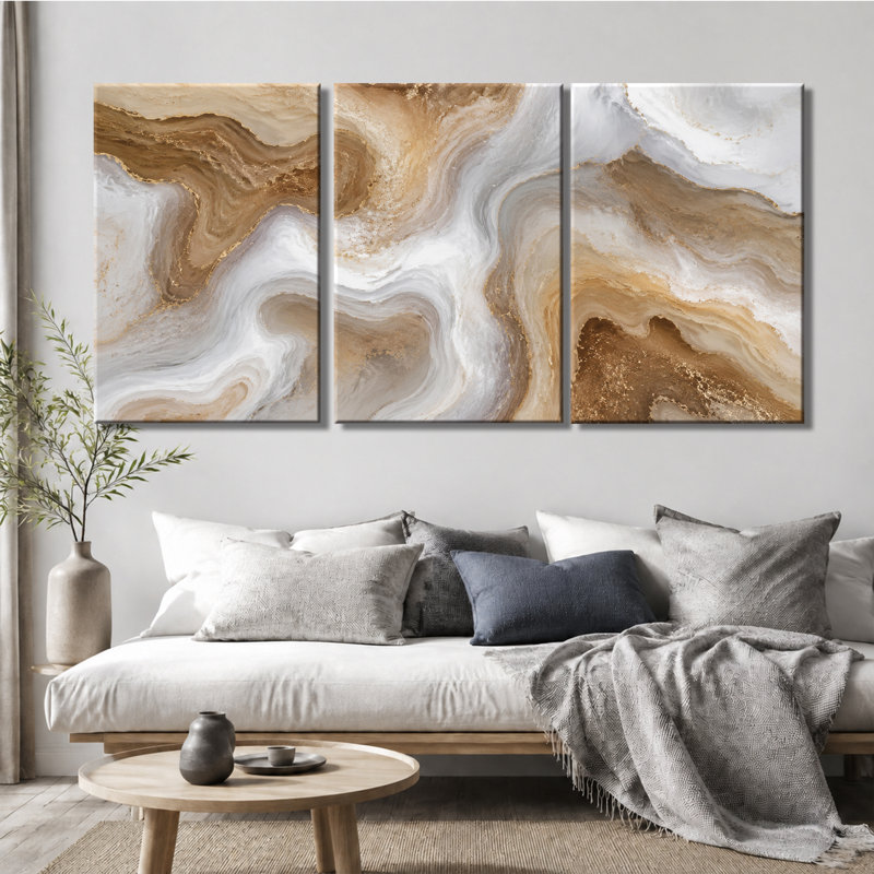Impression sur toile 3 panneaux muraux beige doré et agate de marbre, 20 * 30 pouces * 3