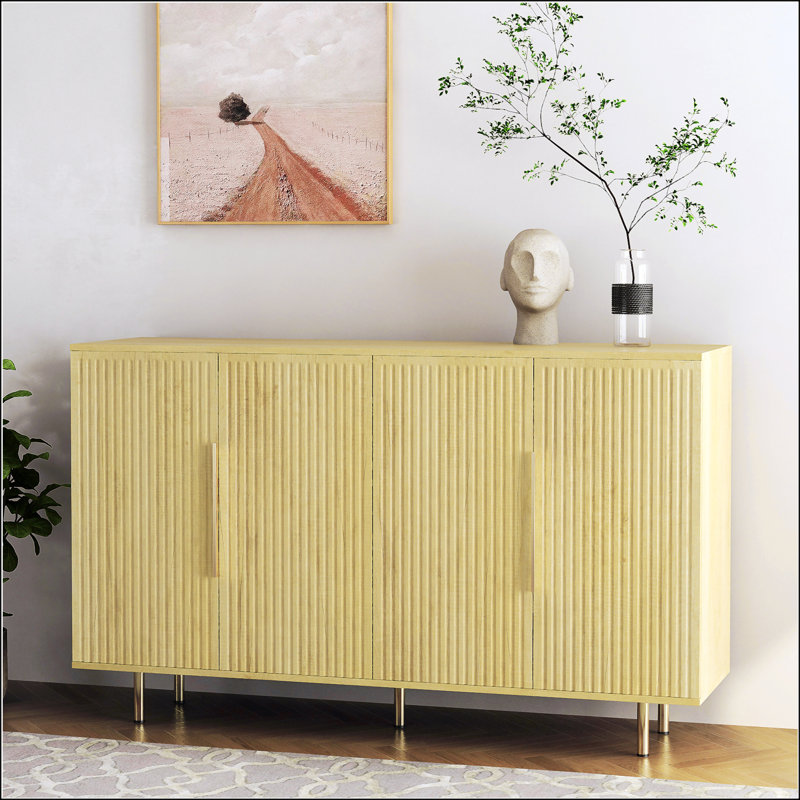 Buffet moderne avec rangement, conception cannelée et tablettes réglables, idéal pour plusieurs espaces comme crédence ou console