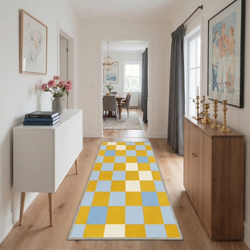 Liadan Gridlock Geometric Checkerboard Machine Washable Yellow / Blue / Beige Indoor Area Rug with Non-Slip Backing