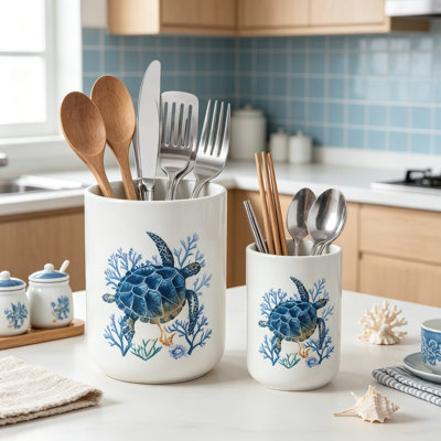 Ceramic Utensil Holder Set with Hand-Painted Sea Turtle and Starfish Design, Coastal Kitchen Crocks for Countertop Storage and Beach House Decor
