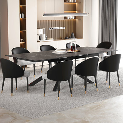 Ensemble de table de salle à manger extensible 102 po avec table en pierre frittée et 8 chaises en similicuir