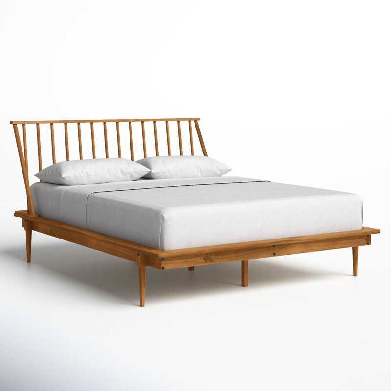 Lit plateforme à broches en bois massif Henline, Caramel, Grand