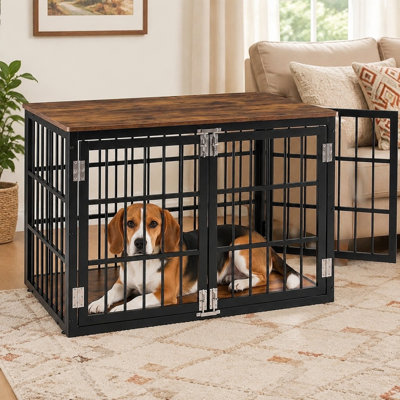 42-Inch Indoor Dog Crate Furniture for Large Breeds, Modern Wooden Kennel with Double-Lock Doors and Thickened Top, Heavy-Duty Black and Rustic Wood