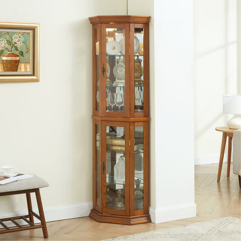 Corner Display With Adjustable Glass Shelf Shelving, Glass Door, Oak, 69.49” H x 15.35” W x 15.35” D, Yes
