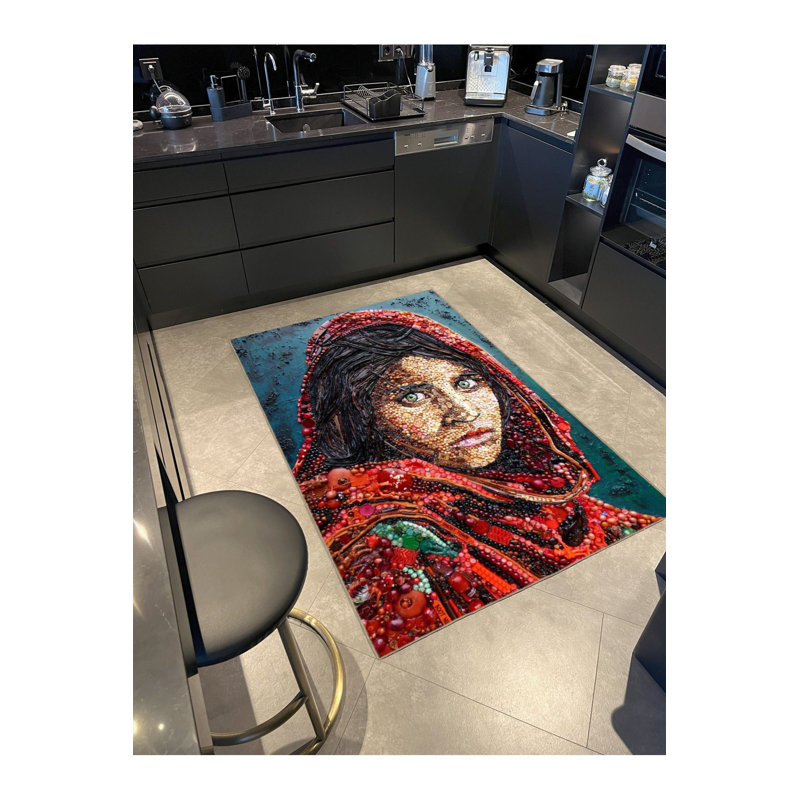 Tapis décoratif lavable à la machine à motif de portrait moderne bleu et rouge, Sous-tapis rond 4 pi 11 po inclus