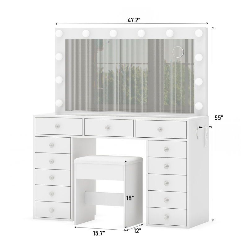 13 Drawers Vanity Desk, Makeup Vanity With Power Outlet, Vanity Table With Mirror And 12 LED Bulbs, 3 Lighting Modes, Glass Top Dressing Table With Chair