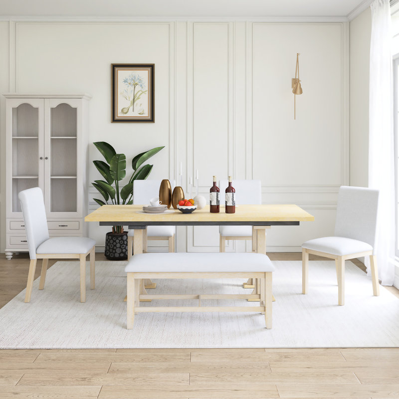 6-Piece Wood Frame Extendable Dining Table Set With Bench, Natural