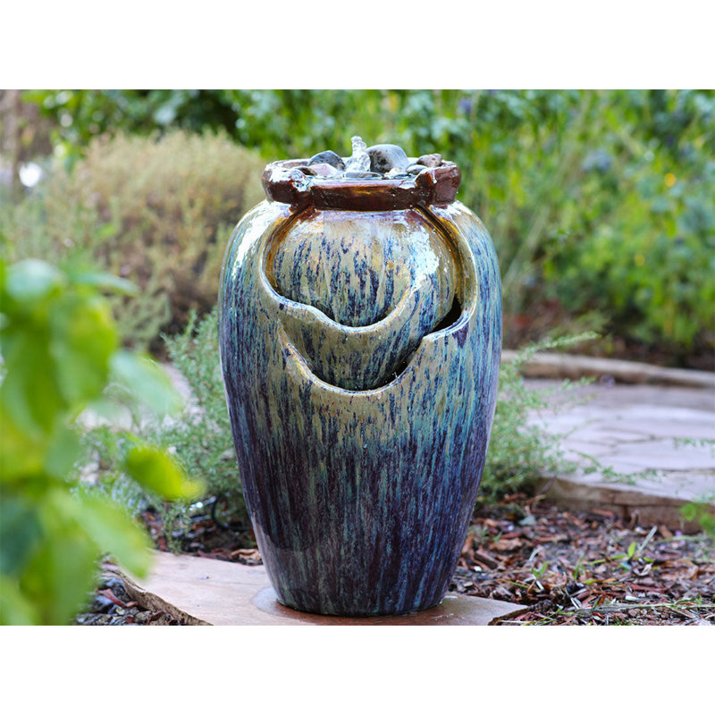 PLANTATOREM 27.5 inch Tall Tea Garden Outdoor Water Fountain - Self-Contained Ceramic Waterfall for Outdoor Garden, Patio, and Yard Decor (Red Copper on Violet) (18.0" D x 27.5" H)