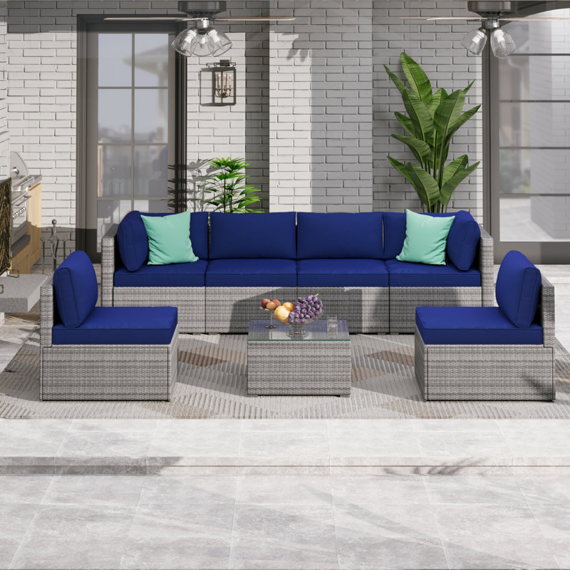 Accomac 6 - Person Modular Patio Conversation Set with Cushions, Navy Blue/Gray