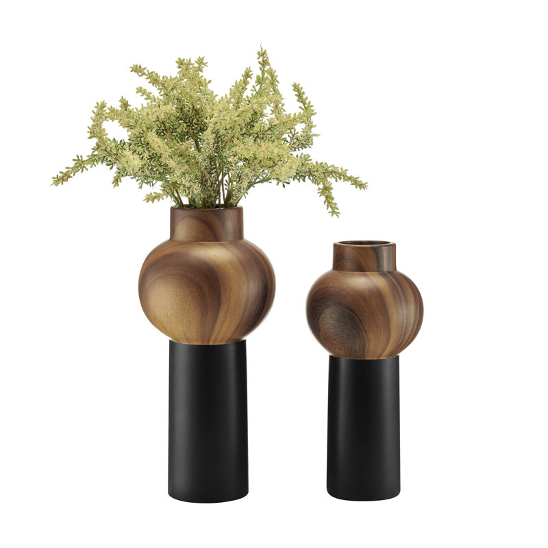 Masanari 2 Piece Modern Two Tone Tabletop Vase Set - Black And Walnut
