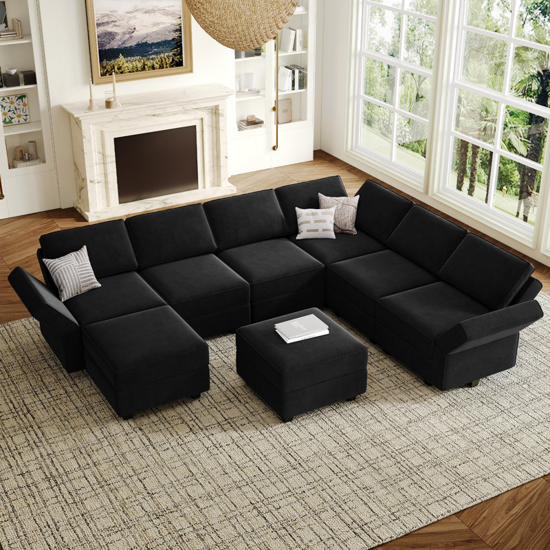 Ridoy 9-Piece Velvet Convertible Modular Sofa Sectional Livingroom Sofa Set, 8 Storage Ottomans with 7 Backrest, Black Velvet