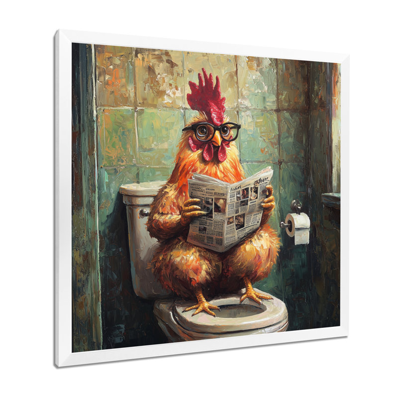 Kermina Rooster lecture du journal dans la toilette II - coq, art mural, H 16 po x l 16 po, Picture Framed Print, Blanc