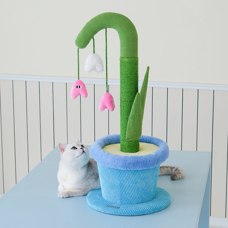 Griffoir pour chat Lily Pot - Pot de 76 cm en sisal avec 3 fleurs de cataire et 2 feuilles froissées, vert