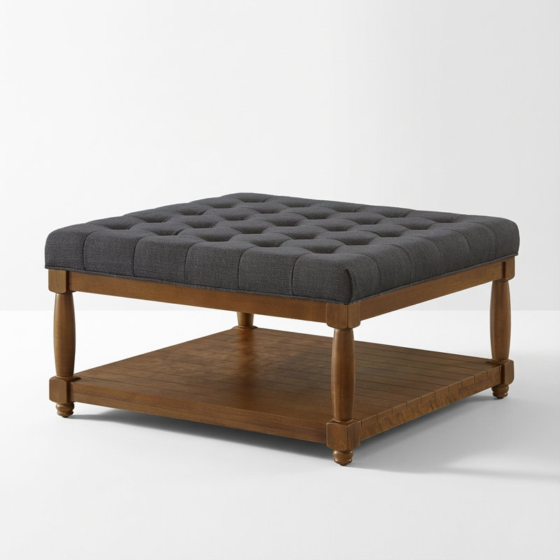 Grande table basse avec repose-pieds carré rembourré en lin capitonné avec tablette en bois massif et repose-pieds