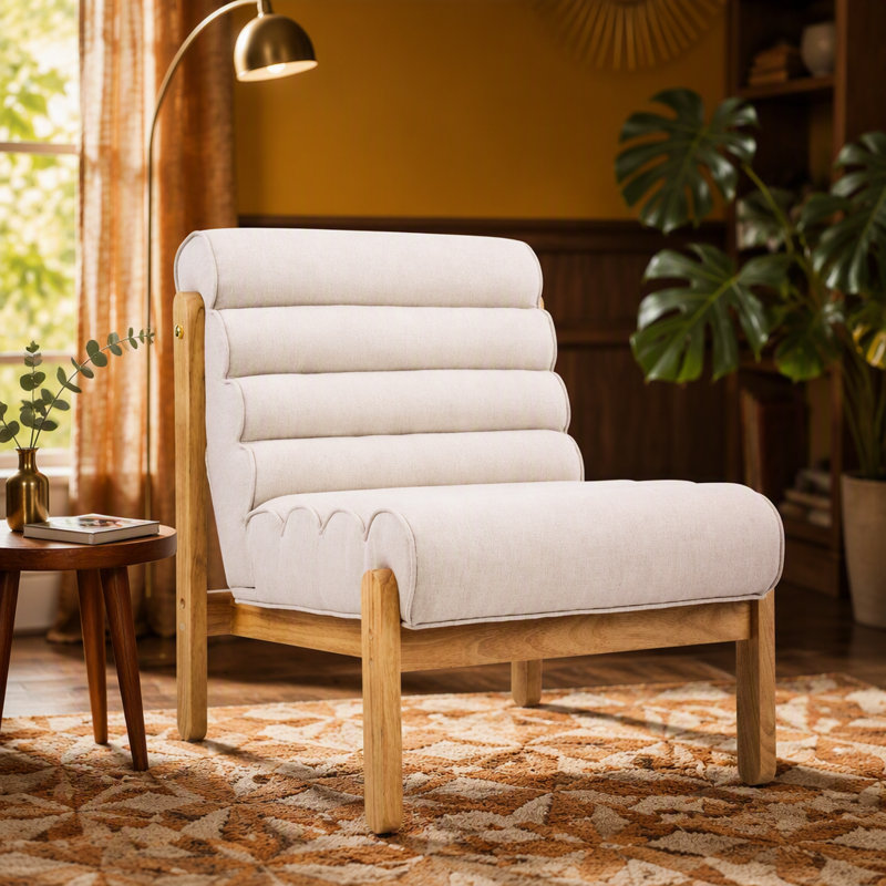 Chaise d'appoint Living Fluffy beige foncé avec structure en bois massif naturel, Beige Polyester, Natural