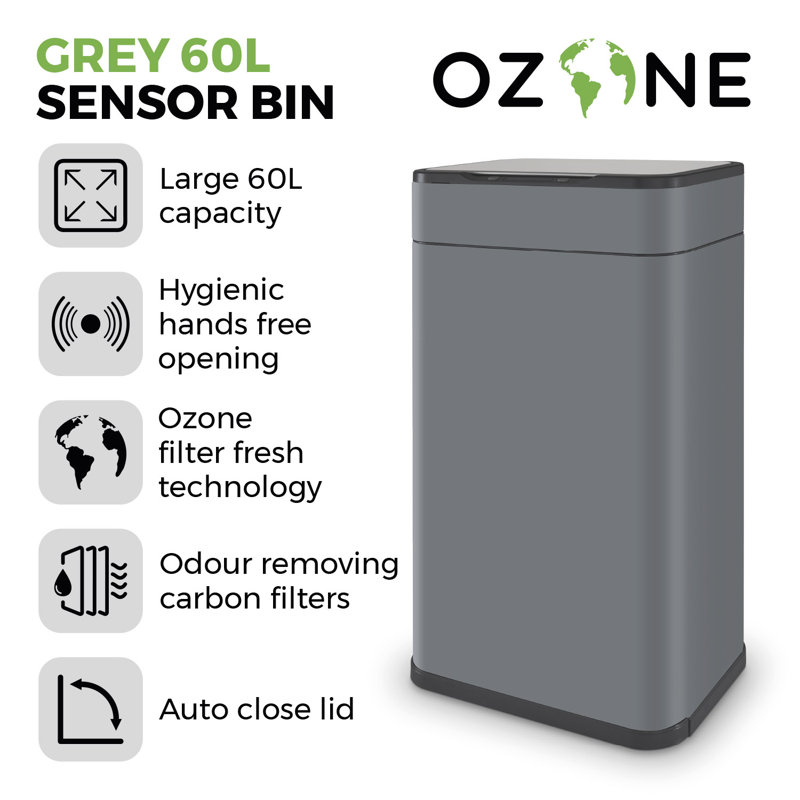 Tower Ozone Sensor Bin, Large 60L, Hands Free Opening, Carbon Filter, Grey