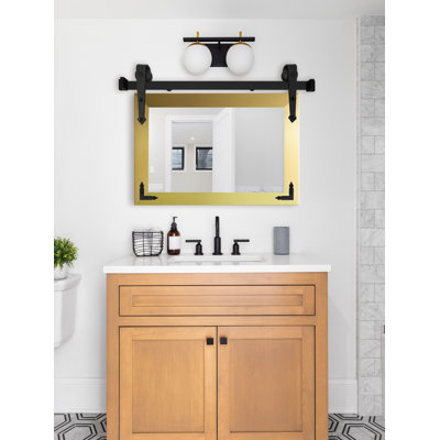 Modern Rustic Vertical Mirror with Steel Barn Door Track and Decorative Metal Corner Brackets