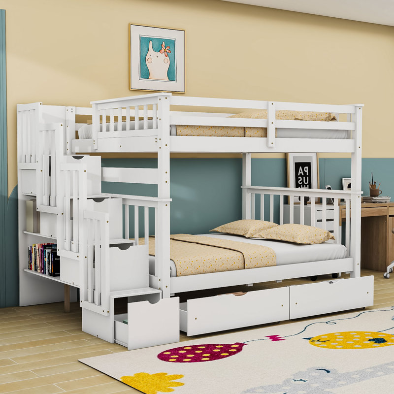Lit superposé double au-dessus de double avec tablettes et tiroirs de rangement, Gris