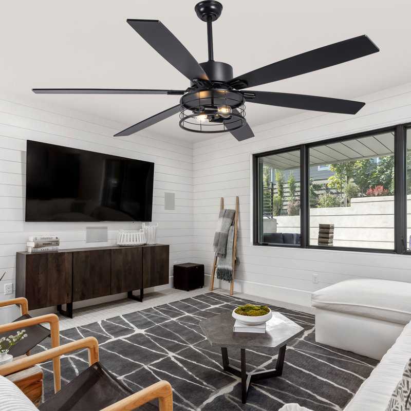65" Industrial Balck Caged Ceiling Fan with Light Kit and Remote Control 6-speed Reversible for Living Room DC Motor